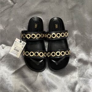Zara Black Sandals with Gold Accents NWT